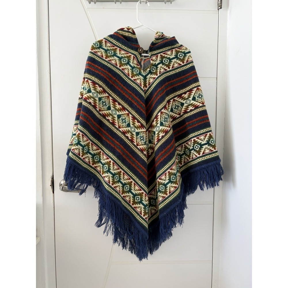 Unbranded Poncho Sweater Womens One Size Blue Southwest Aztec Fringe Hooded